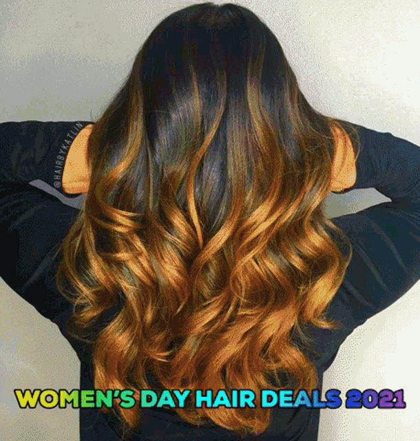 a woman 's hair is shown with the words women 's day hair deals 2021 below it