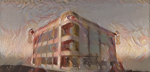 a painting of a building with a red circle on the top