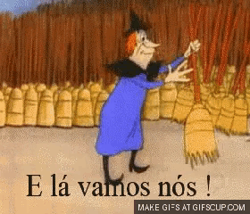 a cartoon of a witch with the words " e la vamos nos " on the bottom
