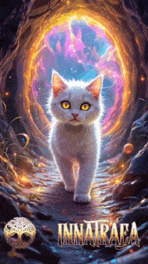 a painting of a white cat with yellow eyes and the word innairaela on the bottom