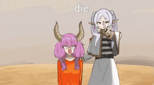 a cartoon of a girl with horns pointing at another girl with the word die in the corner