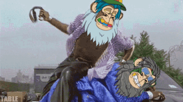 a cartoon monkey is riding on the back of another monkey with the word table below it