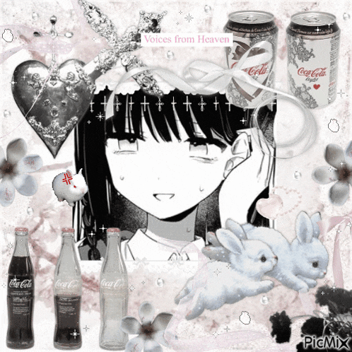 a girl with a crown on her head is surrounded by bottles of coca cola and cans of coca cola