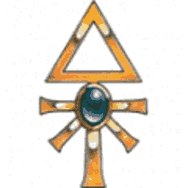 a drawing of a cross with a triangle and a blue stone .