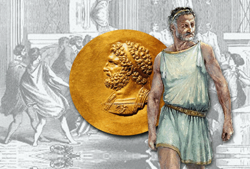 a man in a white dress stands in front of a gold coin with a bearded man on it