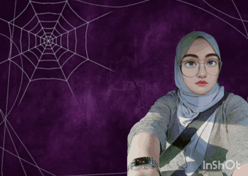 a woman wearing a hijab and glasses takes a selfie with a spider web in the background