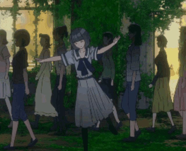 a girl in a white dress is dancing in front of a crowd of people