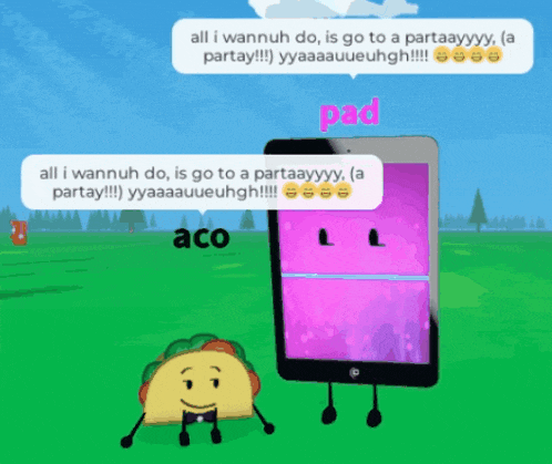 a taco is standing next to a tablet with a speech bubble that says pad