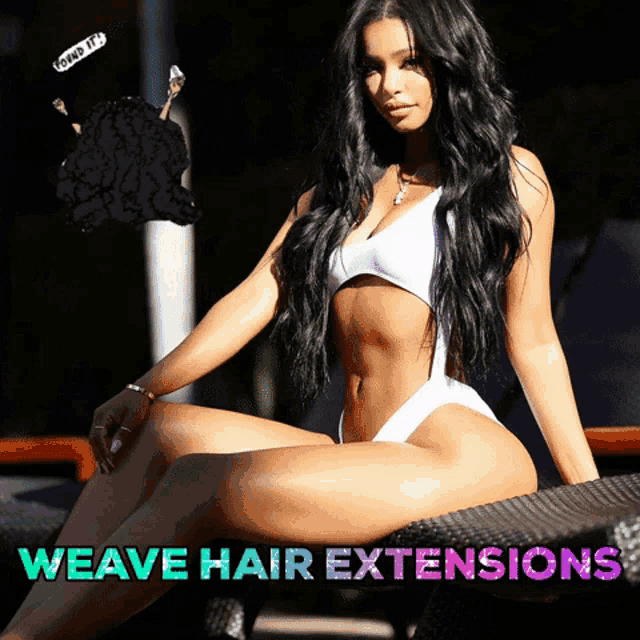 a woman in a bathing suit sits on a chair with the words weave hair extensions written below her