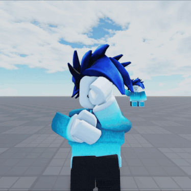 a cartoon character with blue hair is standing in front of a blue sky