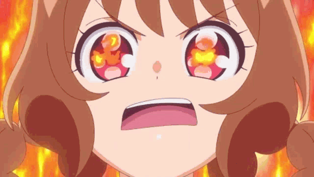 a close up of a cartoon girl 's face with flames coming out of her eyes