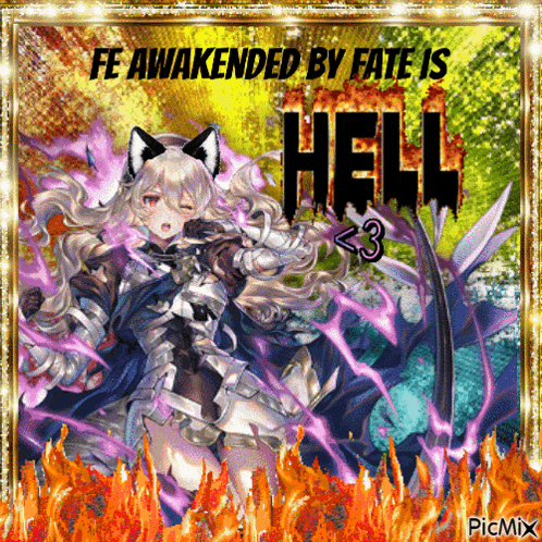 a picture of a girl with the words " fe awakened by fate is hell " written on it