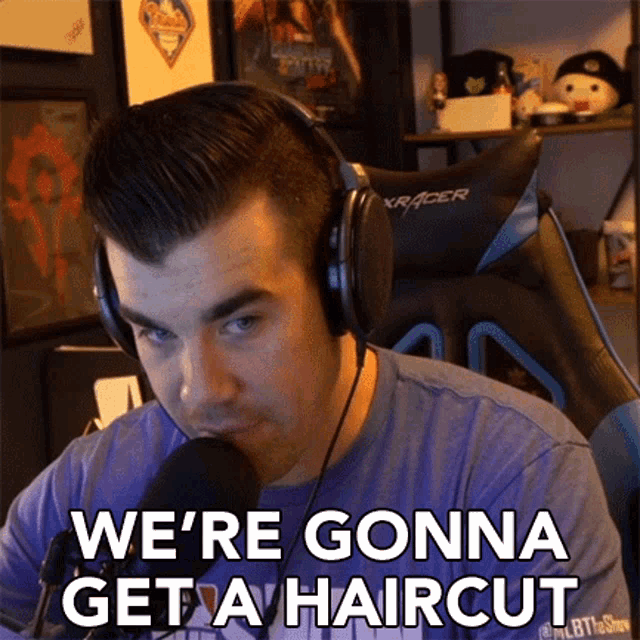 a man wearing headphones is talking into a microphone and says we 're gonna get a haircut