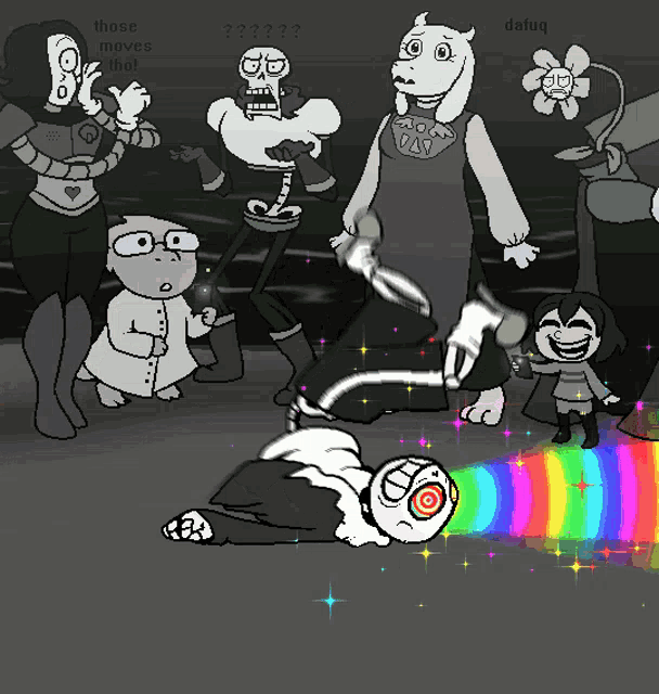 a black and white drawing of a skeleton laying on the ground with a rainbow coming out of it