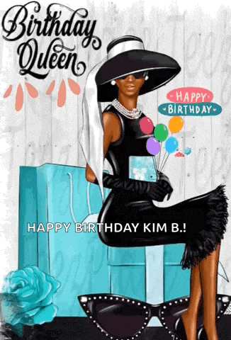 a birthday card with a woman in a black dress
