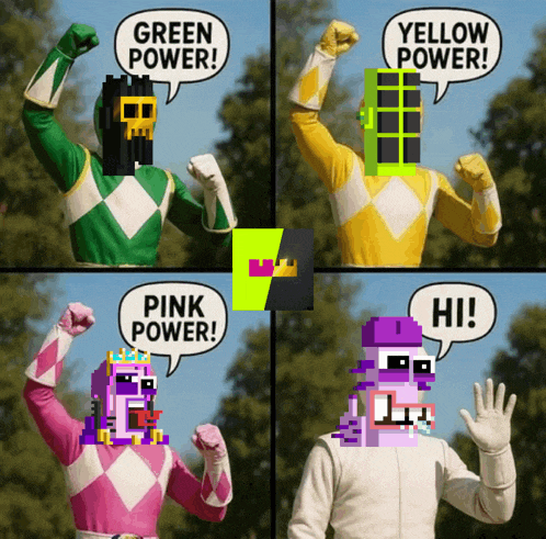 four power rangers with speech bubbles that say green power yellow power pink power hi