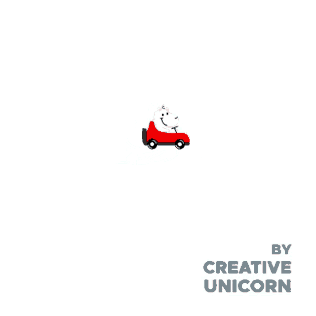a cartoon of a unicorn driving a red car with hi written on it