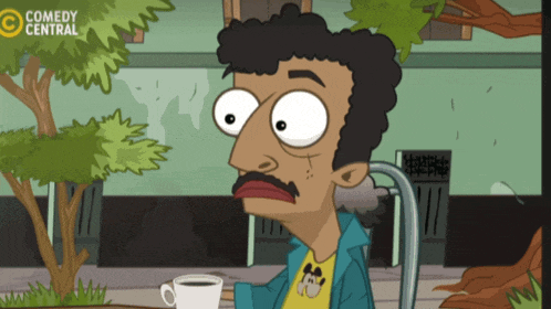 a cartoon of a man sitting at a table with a cup of coffee and the words comedy central on the bottom right