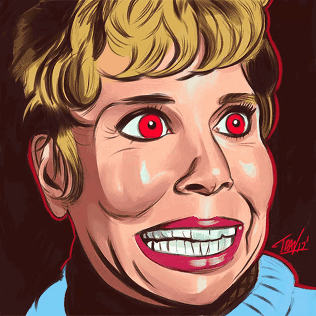 a close up of a woman 's face with red eyes and a smile