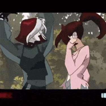 a couple of cartoon characters standing next to each other in a forest .