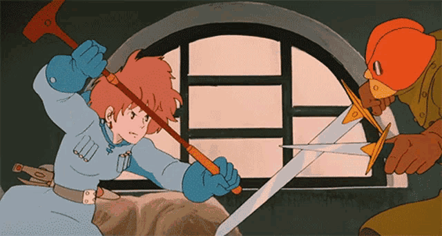 a cartoon of a woman holding a hammer and a man holding a sword