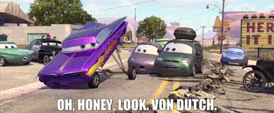 a purple car with the words oh honey look von dutch on the bottom