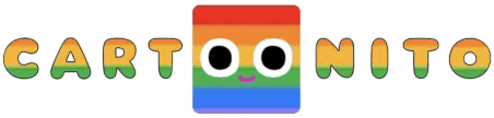 a cartoonito logo with a rainbow colored square in the middle