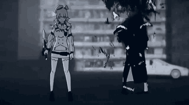 a black and white drawing of a girl holding a sword and a man standing next to a car .
