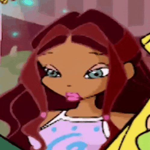 a close up of a cartoon girl with long red hair and blue eyes .
