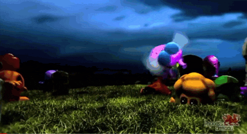 a bunch of stuffed animals are laying in the grass with a maple leaf on the bottom right