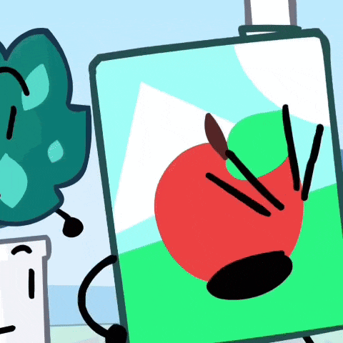 a cartoon character is holding a painting of an apple with brushes .