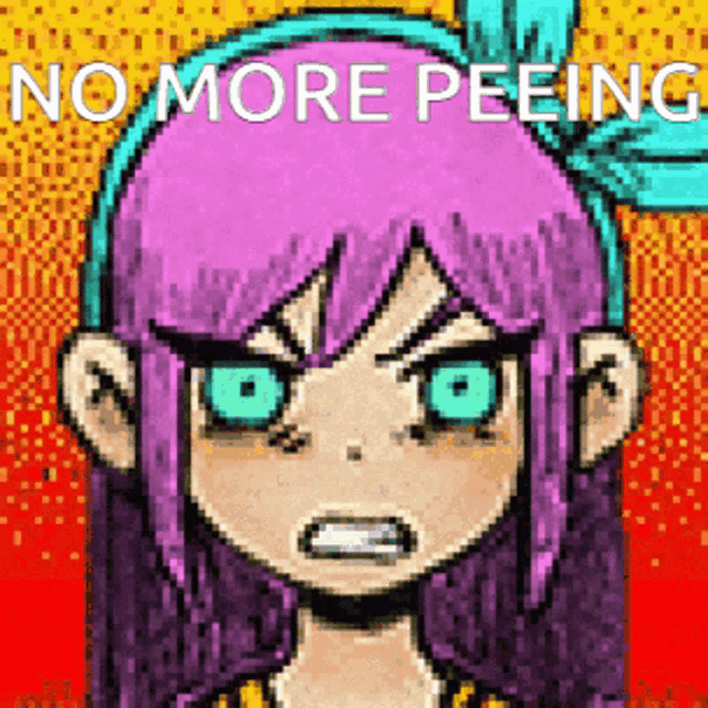 a pixel art of a girl with purple hair and blue eyes with the words `` no more peeing '' written above her .