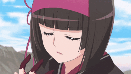 a girl with short black hair and a pink headband is looking down