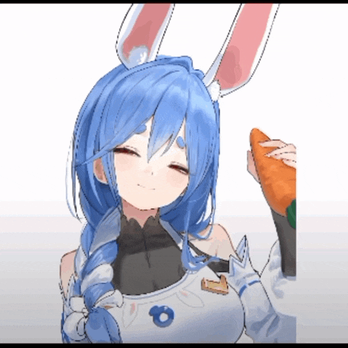 a girl with blue hair is holding a carrot