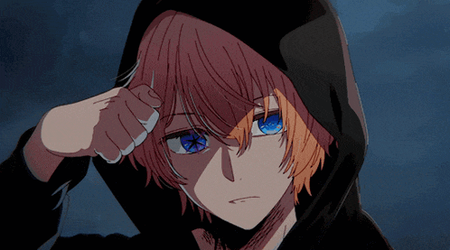 a drawing of a person with blue eyes wearing a hoodie