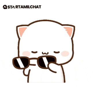 a cartoon cat wearing sunglasses with a startamilchat logo behind it