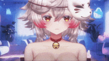 a girl with a mask on her head and a bell necklace