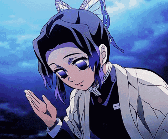 a purple haired anime girl with a butterfly earring