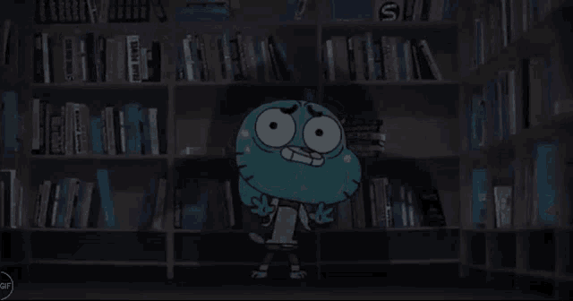 gumball from the amazing world of gumball is standing in front of a bookshelf filled with books