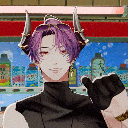 a man with purple hair and horns giving a thumbs up in front of a vending machine