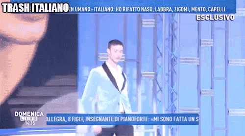 a man in a suit is on a television screen with the words trash italiano on the top