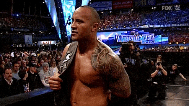 a shirtless wrestler stands in front of a crowd at a fox wrestling event