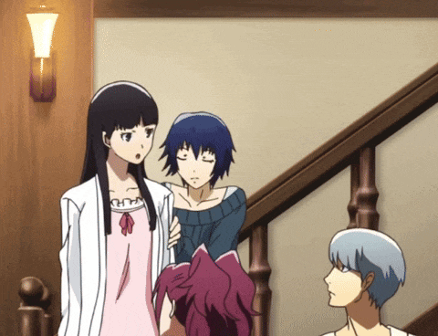 three anime characters are standing in front of a staircase and one of them is wearing a white shirt with the letter t on it