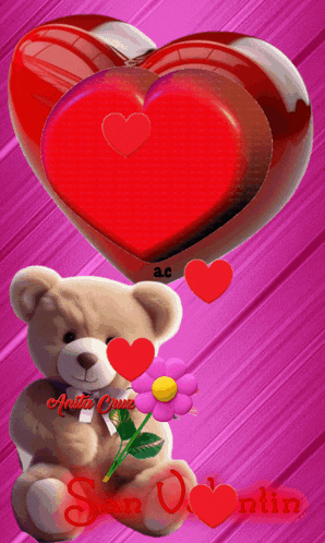 a teddy bear is holding a flower in front of two red hearts and the words san valentin