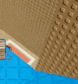 a person in a video game is laying on a red and white square .