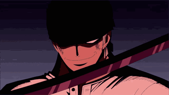 a drawing of a man holding a purple sword