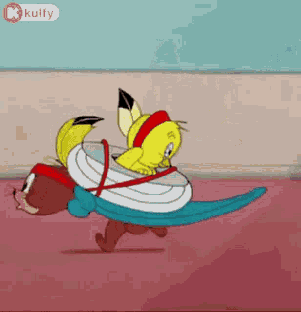 a cartoon of a cat and a bird with a ring around their necks .
