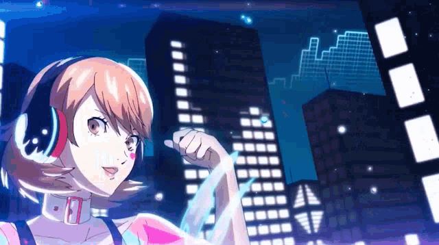a girl in headphones is standing in front of a city skyline .