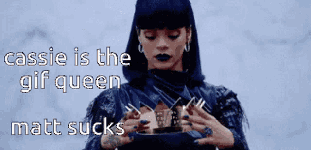a woman is wearing a crown on her head and the words cassie is the gif queen matt sucks