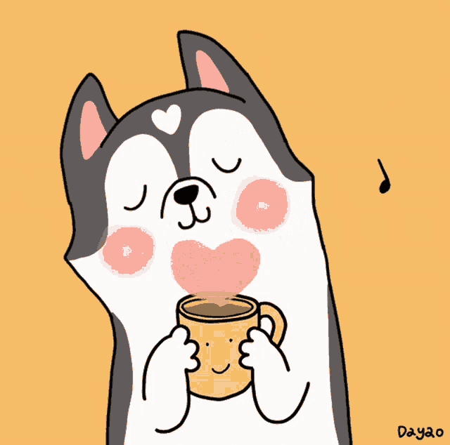 a drawing of a dog holding a cup of coffee